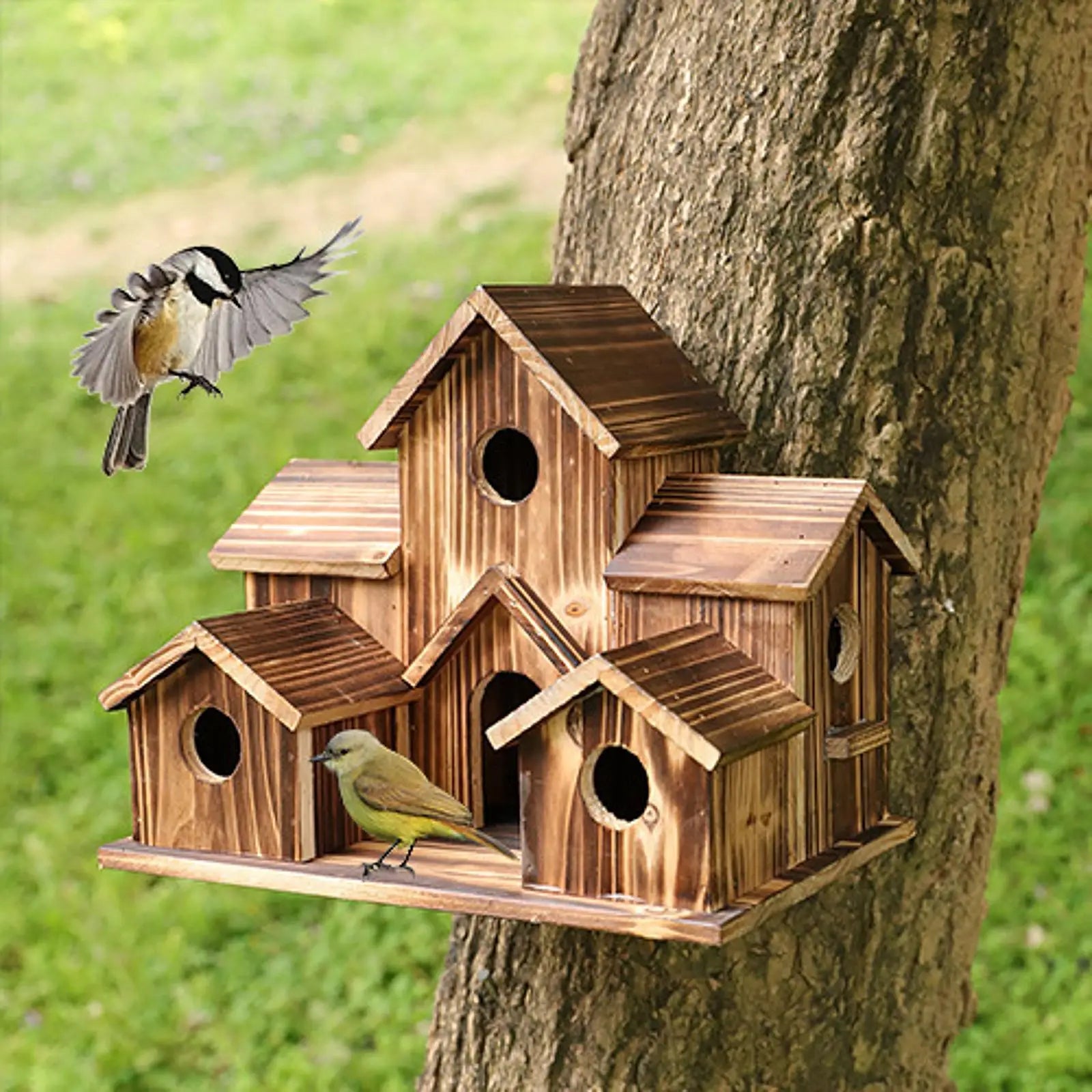 Wooden Bird House Garden Decor Rustic Hummingbird Nest for Garden Yard Hanging Bird Feeder Resting Place Patio