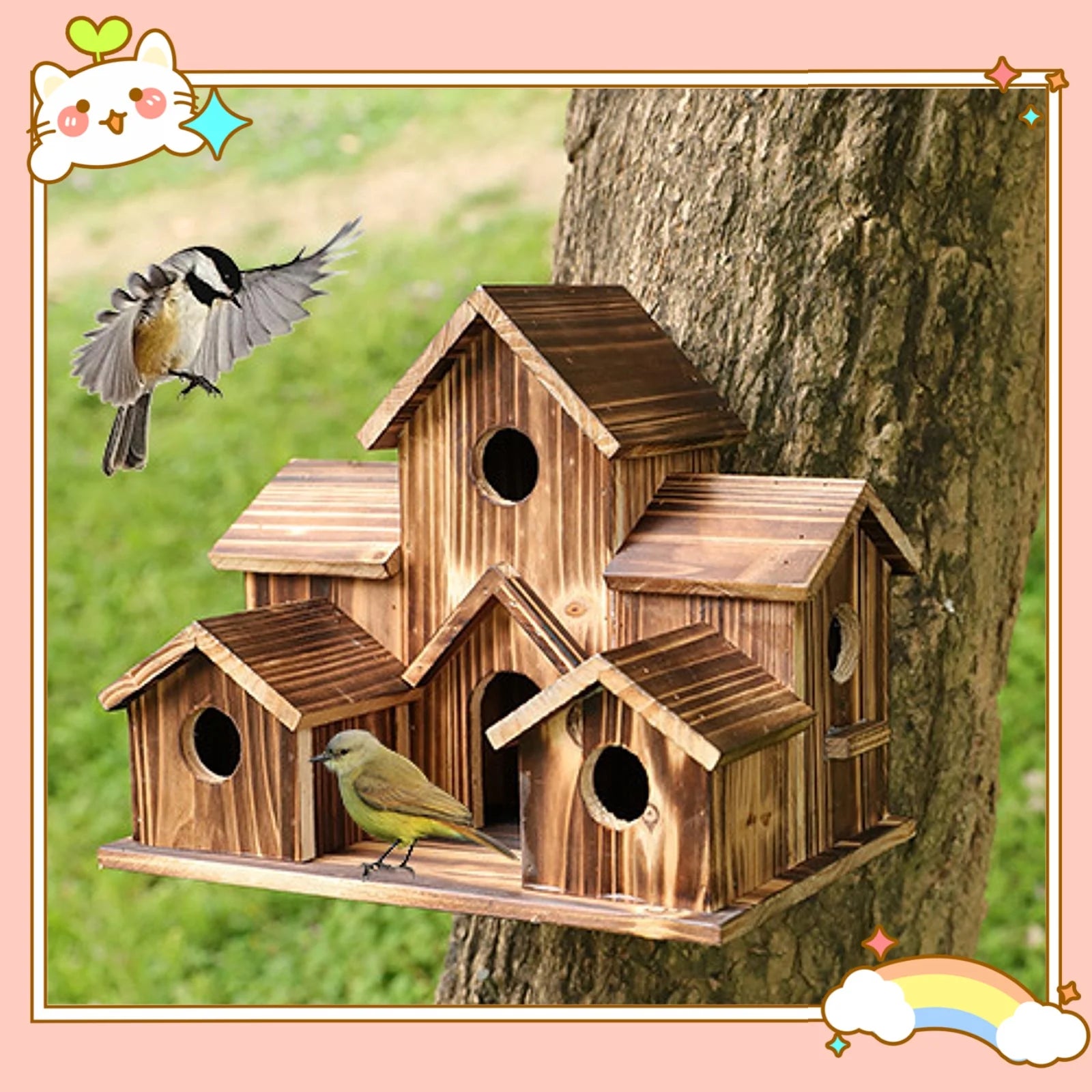 Wooden Bird House Garden Decor Rustic Hummingbird Nest for Garden Yard Hanging Bird Feeder Resting Place Patio