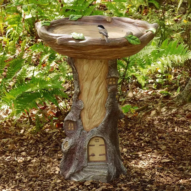 Full-Size Fairy Garden Birdbath Wood-Look Resin Landscape Accent For Home And Garden