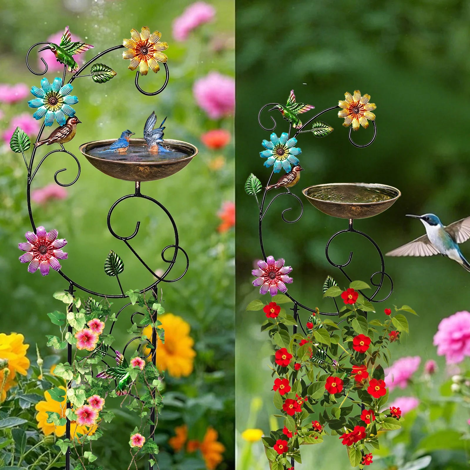Bird Bath with Trellis Outdoor, Garden Trellis with Detachable Bird Bowl Metal Potted Plants Support for Climbing Flowers