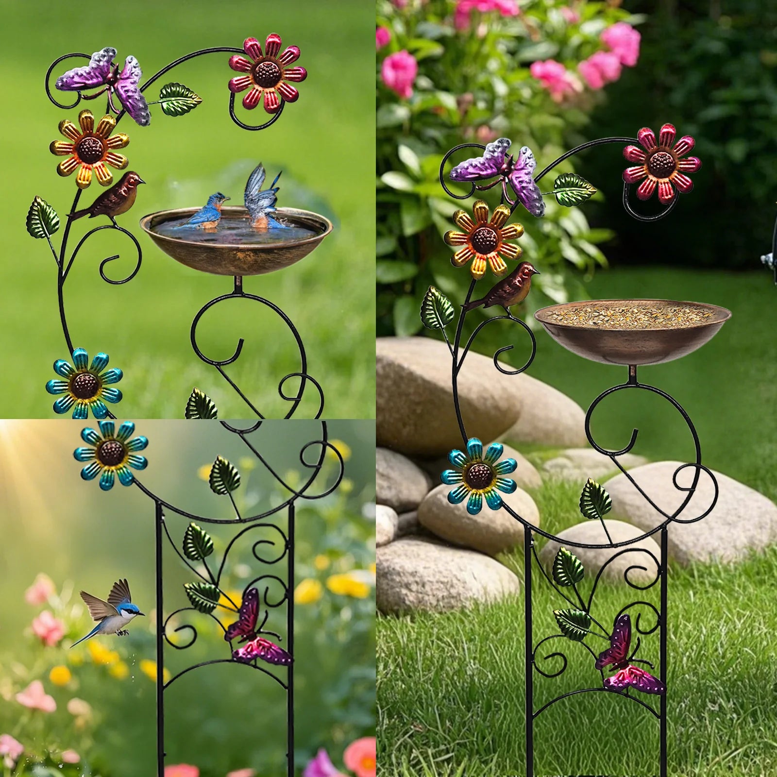 Bird Bath with Trellis Outdoor, Garden Trellis with Detachable Bird Bowl Metal Potted Plants Support for Climbing Flowers