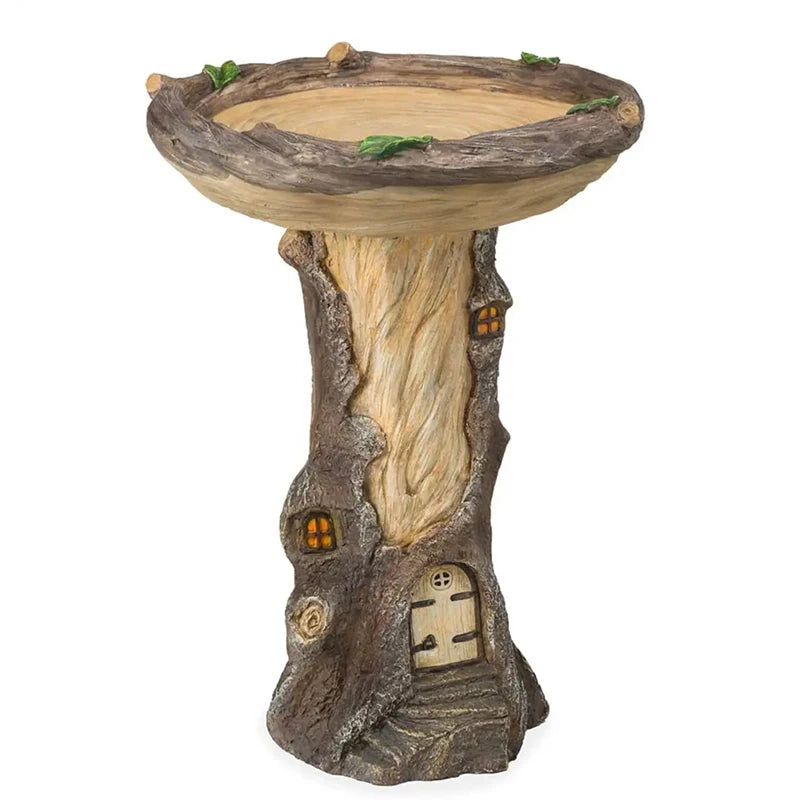 Full-Size Fairy Garden Birdbath Wood-Look Resin Landscape Accent For Home And Garden